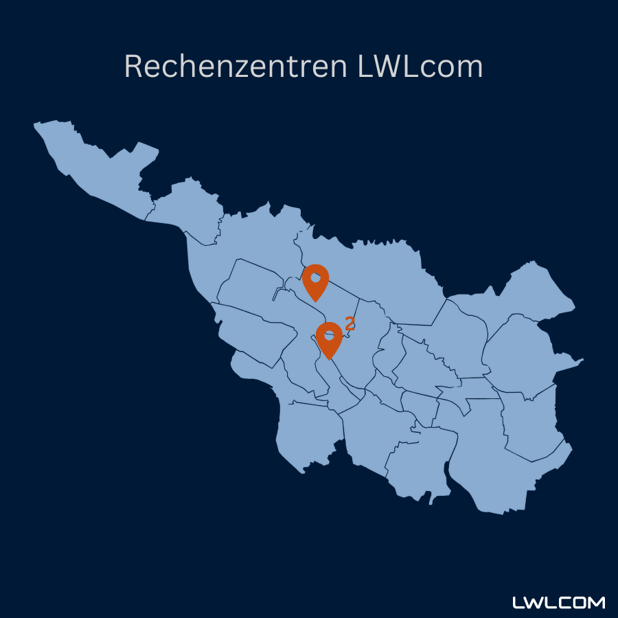 Karte von Bremen mit eingezeichneten Standorten der drei Rechenzentren von LWLcom, markiert durch orangefarbene Pins.