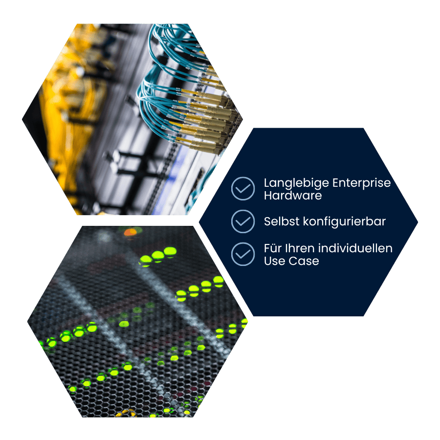 Bild von Server, Bilder von Server in einem Rack. Text: Langlebige Enterprise Hardware, selbst konfigurierbar, Für Ihren individuellen Use Case.