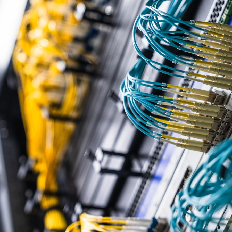 Nahaufnahme eines verkabelten unmanaged Dedicated Servers im Rack mit gelben und blauen Glasfaserkabeln und Steckverbindungen.